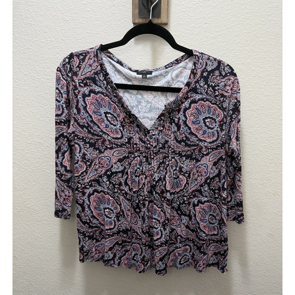 Talbots Women V-neck blouse-top floral multi color 3/4 Sleeve petite small